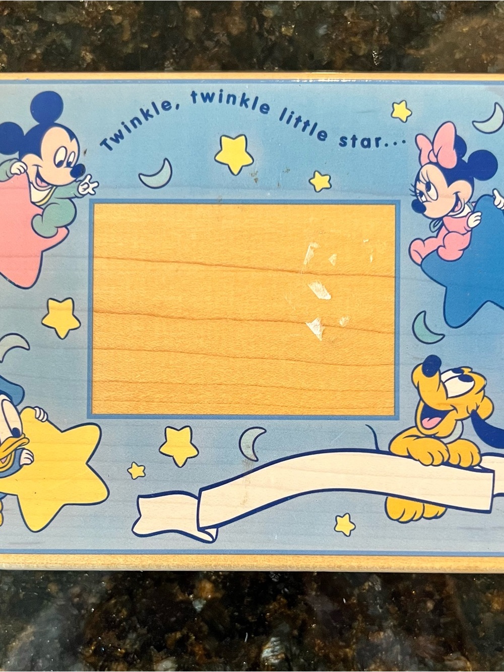 Disney Blue Twinkle Star Baby Wood Rubber Stamp Frame with Yellow Accents